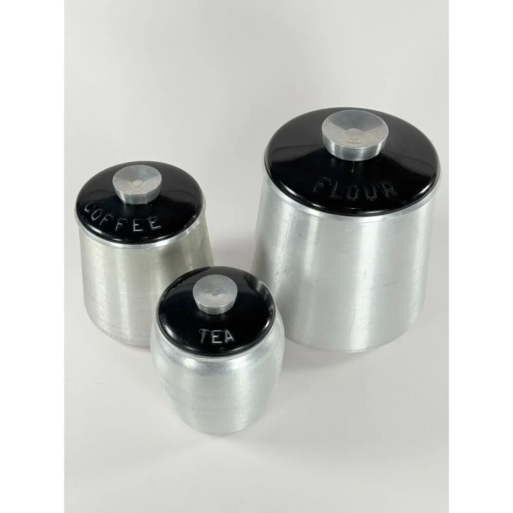 Vintage Kromex Spun Aluminum Canister Set Flour Coffee Tea 3-Piece Set With Lids
